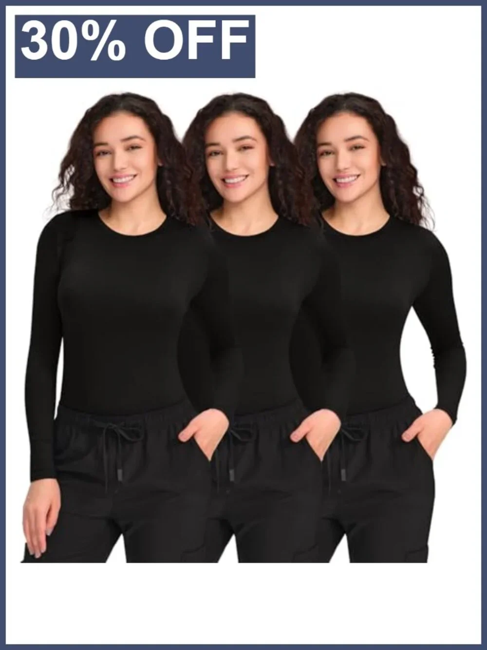 Women's 3 Pack Long Sleeve Underscrub Shirts Slim Fit Crew Neck Base Layer